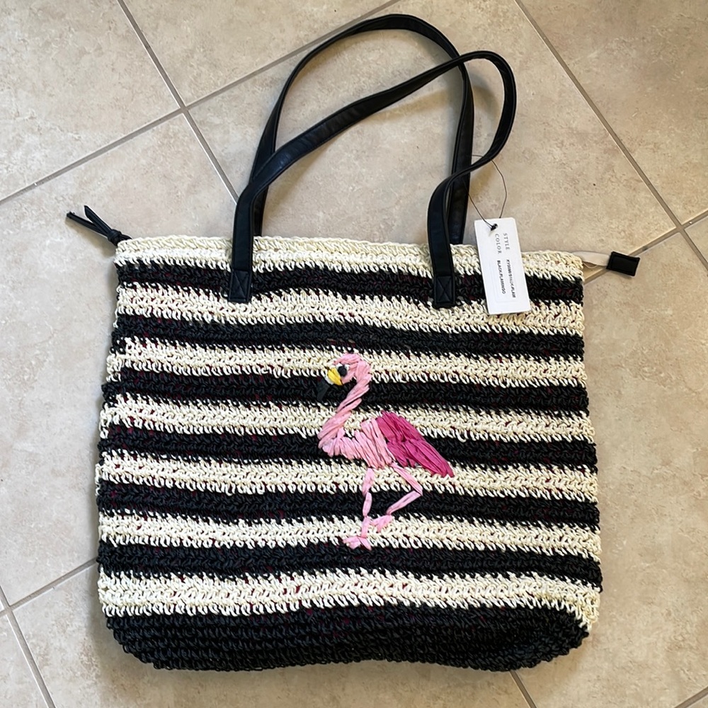 Lilac+Black Striped Straw Flamingo Shoulder Tote